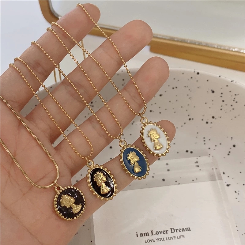 HangZhi Koreaanse Vintage Waterdruppel Ster Ronde Beer Ovale Hanger Ketting Geometrische Gouden Kleur Titanium Stalen Sieraden