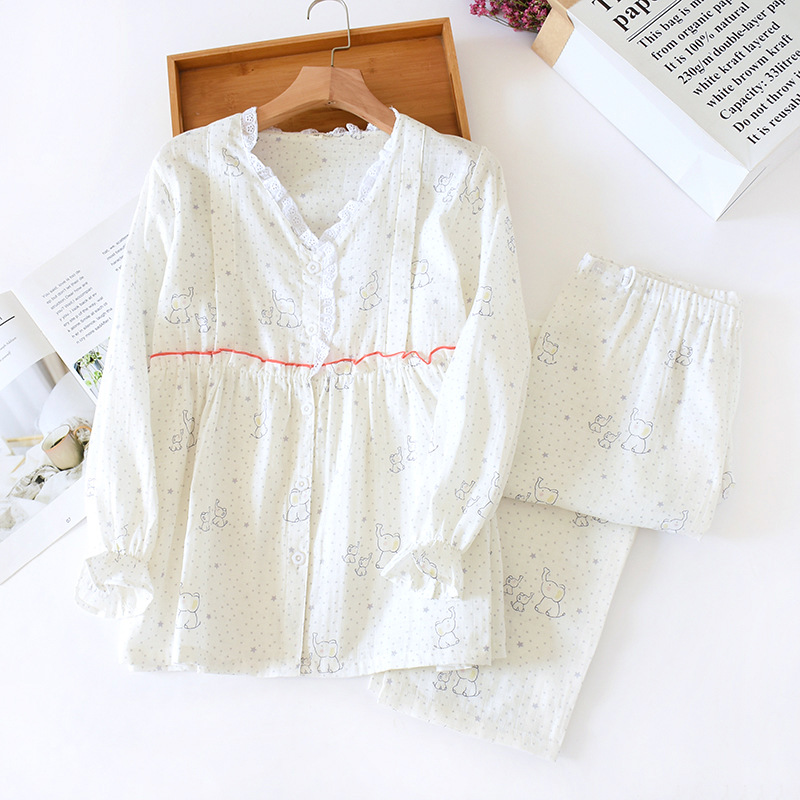 Fdfklak 2 stk sæt bomuld barselspleje nattøj forårs nattøj til gravide efterår graviditet pyjamas: Hvid / Xl