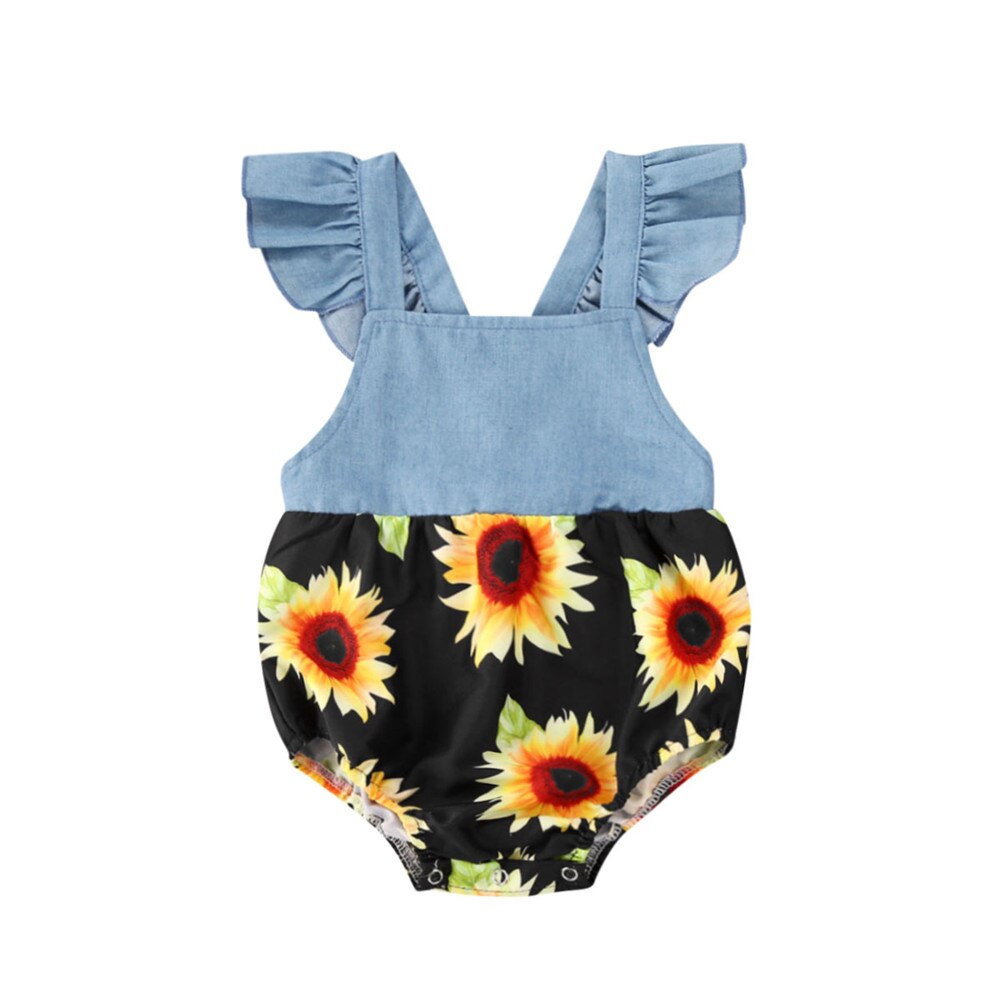 Baby zomerkleding 0-24m schattige pasgeboren baby's babymeisjes zonnebloemen bodysuit patchwork ruches jumpsuits zonnepak outfits