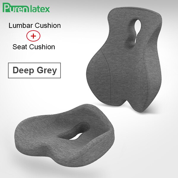 Purenlatex Chair Cushion Set Memory Foam Seat Cushion Lumbar Support Orthopedic Pillow Protect Coccyx Relieve Back Pain Car Seat: Deep Grey Set