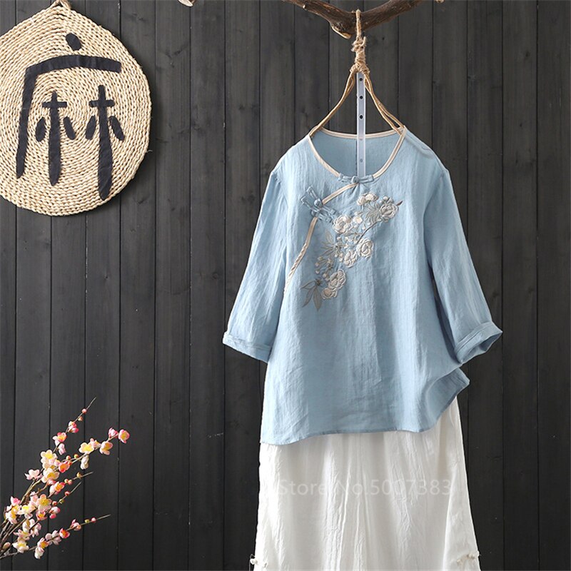 Kvinder kinesisk tang jakkesæt top traditionel stil kvindelig te ceremoni linned outfit blomster broderi kostumer piger bluser skjorter: Blå