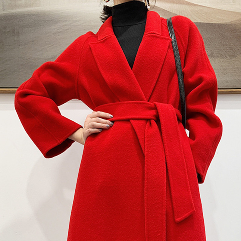 Manteau Long en laine rouge pour femme, haut de gamme, coréenne, ceinture, Slim, Double face, en cachemire, col , collection automne hiver 2022