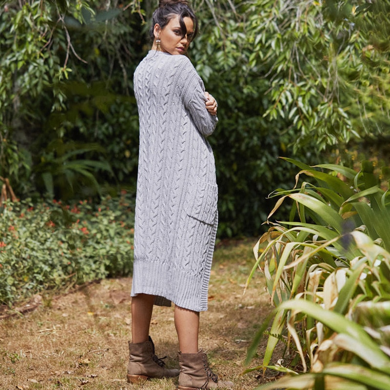 femmes tricoté gros Cardigan pull ouvert avant poche manteau hiver décontracté Long pull manteau veste hauts