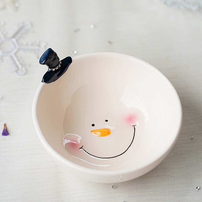 Bol à salade céramique mignon bonhomme de neige | Assiettes à manger, bol à salade artisanat assiette à Snack, bouilloire pot de rangement, assiette d'assaisonnement, vaisselle de noël