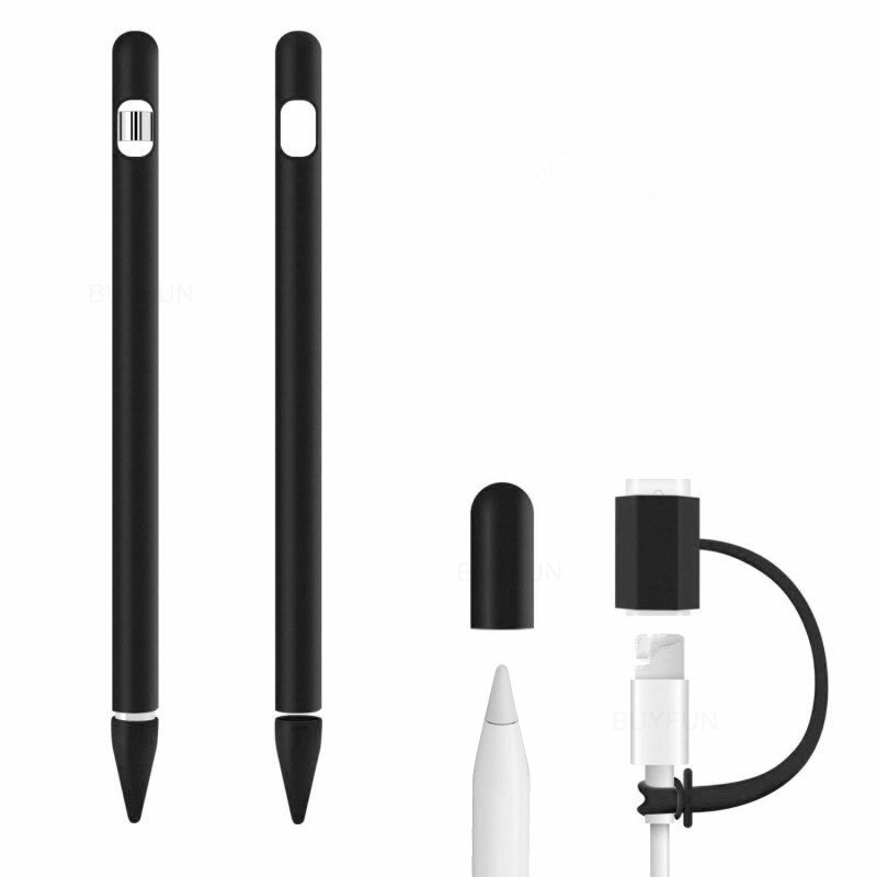 Funda 4 en 1 Anti Cable perdido de silicona suave para Apple Pencil 1 Compatible con ipad Tablet Touch Pen Stylus funda protectora: black