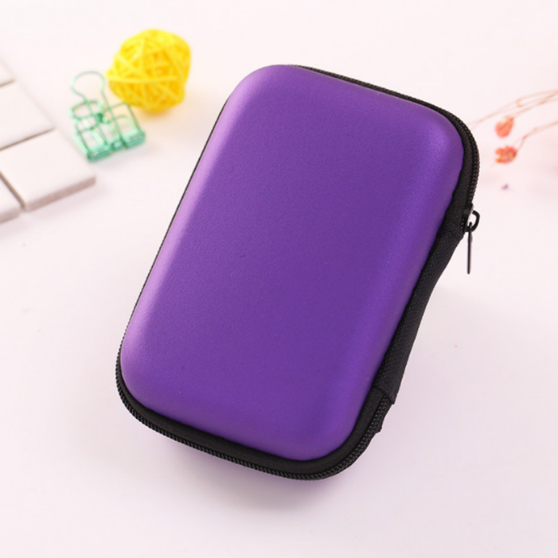 Portable Mini Zipper Hard Earphone Organizer Case Travel PU Leather Protective USB Cable Earbuds Case Bag: purple