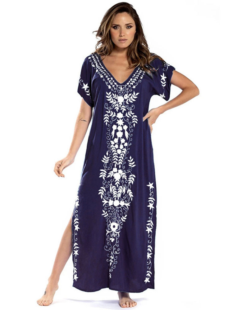 Beach Long Dress Oversized V Neck Short Sleeve Summer Dress Batwing Sleeve Embroidery Maxi Dress Loose Beach Cover Up: Dark Blue