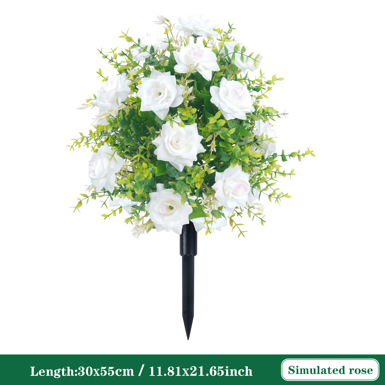 Rosa de flores artificiales con picos de tierra, estaca de jardín, arbustos verdes de imitación, decoración de jardín, porche de jardín al aire libre, decoración de boda: M / Gris