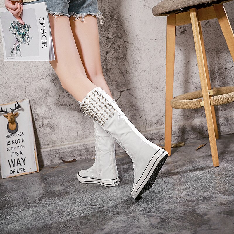 Ryamag-Botas planas de lona con remaches para mujer, calzado con cordones y cremallera, vulcanizado, Botas Largas, Punk,