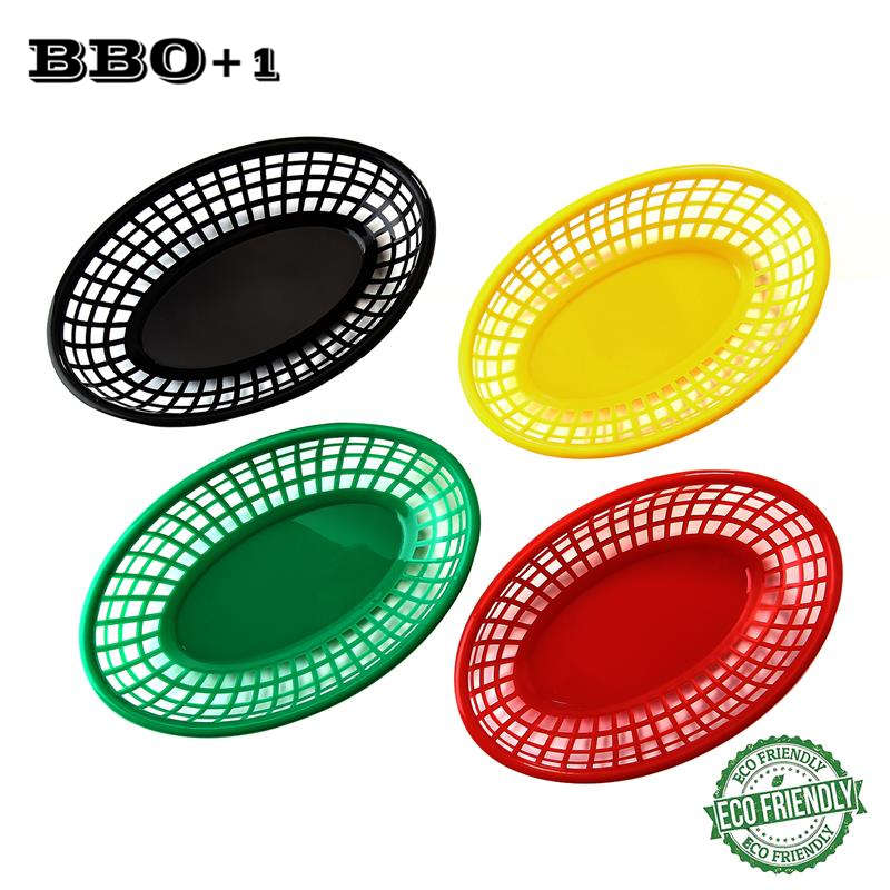 Cesta ovalada de plástico para comida rápida, cestas para patatas fritas y freír, bandeja de servicio para el hogar, Bar, restaurante, suministro de Picnic rojo y negro, 6-12 Uds.