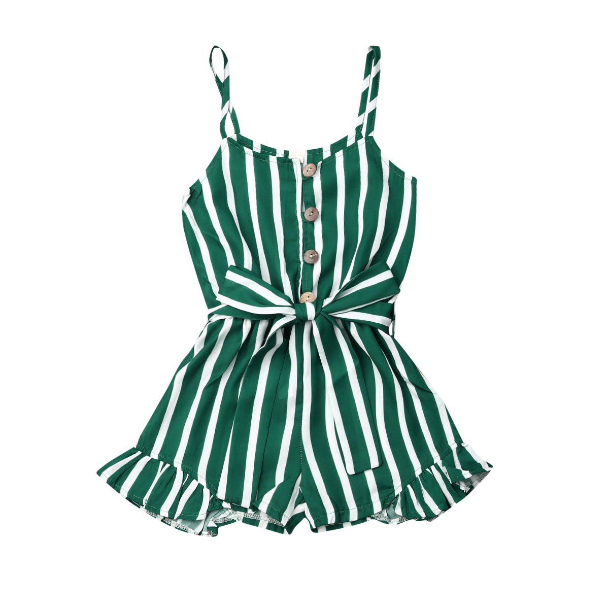 Combinaison d'été à rayures pour filles de 3 à 8 ans, décontractée, sans manches, salopette à simple boutonnage, Costumes pour enfants: green / 8T