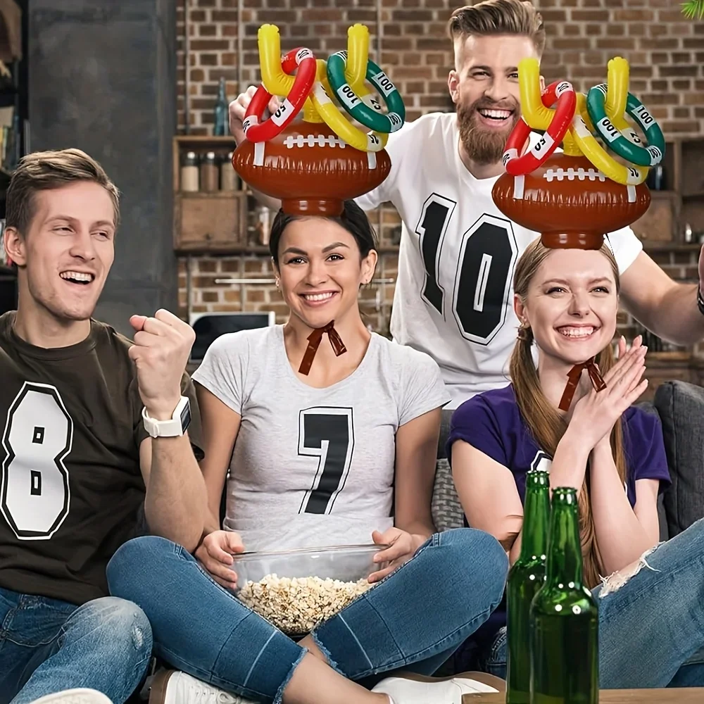 Inflatable Rugby Throw Ring Set, 1 Inflatable Rugby Ball Hat, 3 Inflatable Rings, Party Indoor Outdoor Activity Props, Best for