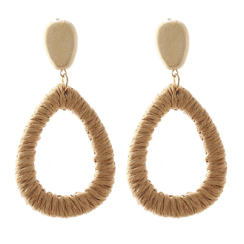 Ladies Boho Handmade Water Shape Vine Rattan Straw Woven Dangle Earrings For Women Bohemian Wooden Earring Jewelry: E0378-2