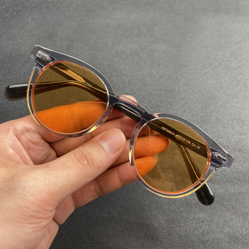 Farvede solbriller til mænd med  uv400 uv beskyttelsesgrader, retro runde acetatsolbriller til kvinder, lys orange glasskærm med styrke: Lys lilla