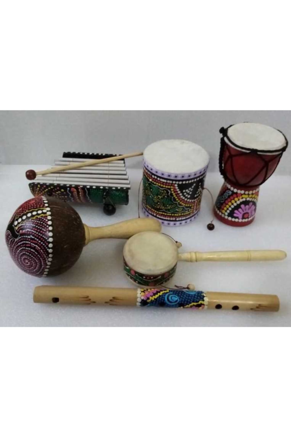 Aboriginal 6 Piece Wooden Musical Instruments Set, arbuka dimensions: 15x10 cm. Metalafon 15x9 cm. Drum 10x10 cm.