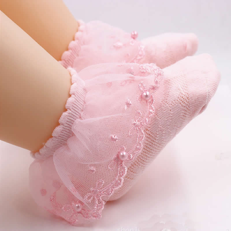 Toddler blonder sokker baby flæser sokker behagelige baby piger blonder sokker spædbarn nyfødte blonder sokker med perle på toppen: Lyserød / 5 to 7y