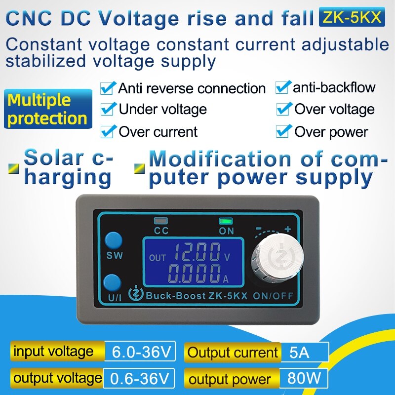 ZK-5KX Dc Dc Buck Boost Converter 0.6-36V 5A 5-24V 80W Power Module Verstelbare gereglementeerde Laboratorium Voeding