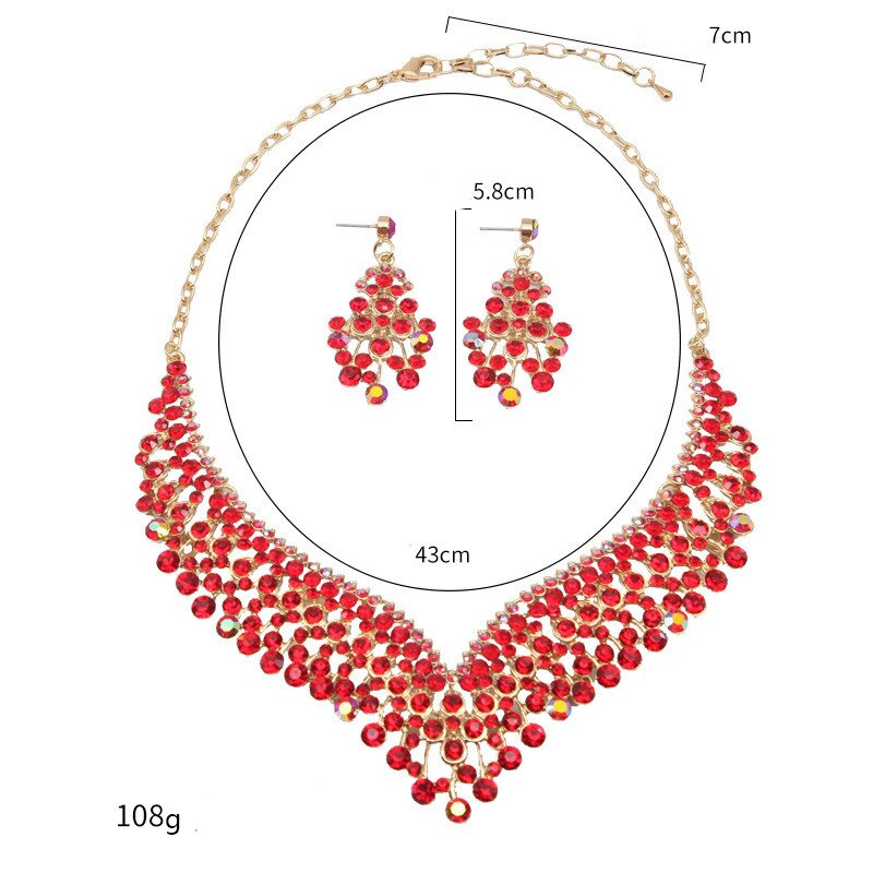 Red Rhinestone Earrings Necklace Set Jewelry Sets Women Gold Color Choker Bridal Wedding Party Costume Accessories