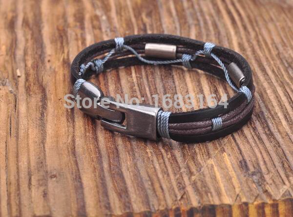 G154 Zwart-blauw Lederen Hennep Gevlochten Surfer Polsband Armband Manchet Metalen Sluiting Heren