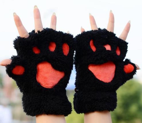 Guanti da artiglio di gatto inverno simpatico cartone animato gatto ragazza guanti senza dita guanti mezze dita con zampa di orso soffice e soffice: nero