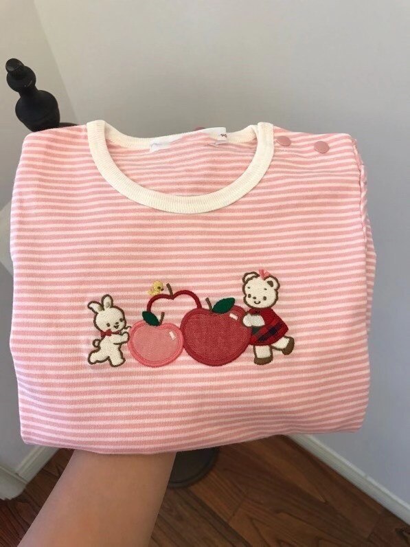 niños camiseta Rosa blanco a rayas bordado apple patrón de oso Linda manga larga Camisetas para niñas bebés: 120