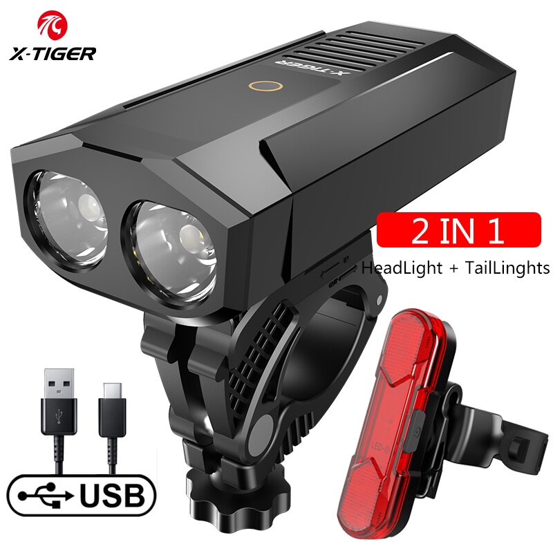 Juego de luces delanteras para bicicleta de X-TIGER, lámpara LED resistente al agua, recargable vía USB, 5200mAh