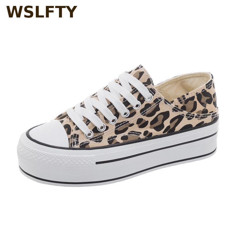 Forår hvide platform sneakers kvinder sko tyk sål snøre flad åndbare høje hæle fritidssko canvas sneakers leopard