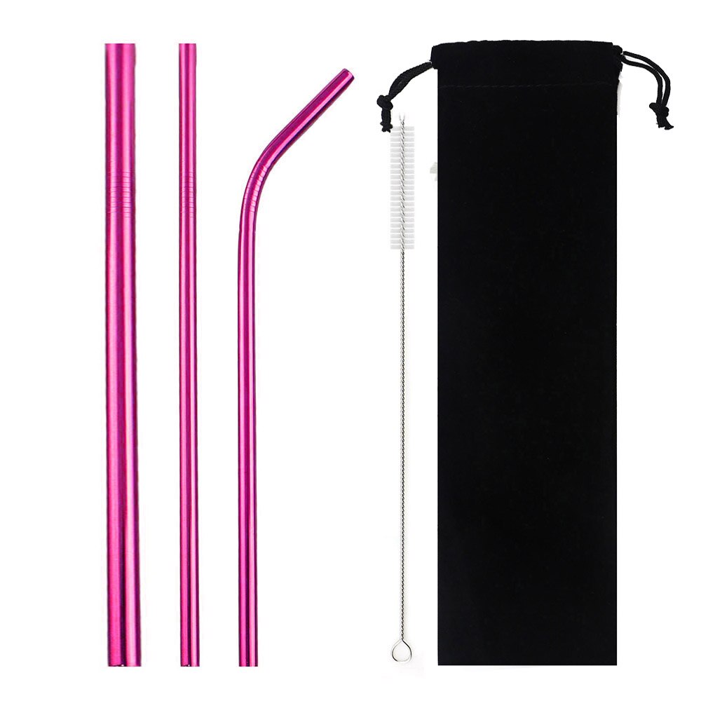 5-Pcs Metal Reusable Straw Colorful Pink Eco-Friendly Drinking Straws Set 304 Stainless Steel Straw Set with Brush Pouch Bag: Pink
