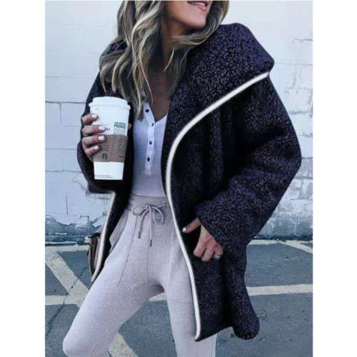 Vinter dame jakker kåpe dame varm genser cardigans dame fleece imitert pels hettegenser yttertøy manteau femme plus str.: Marineblå / L