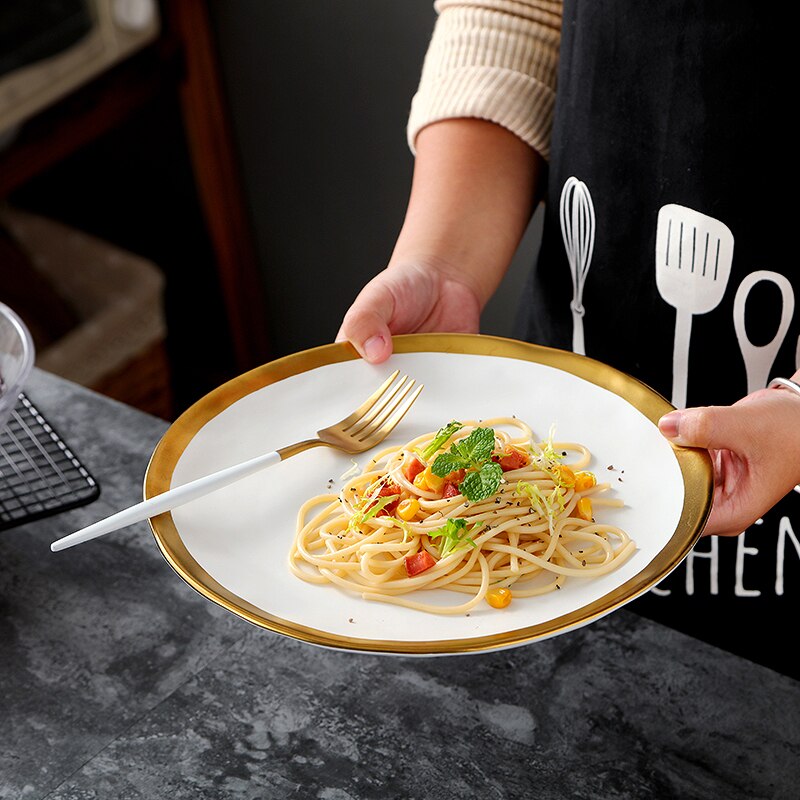 Europese platina keramiek westerse schaal matte gouden steakschaal schaal witte vintage fruitschaal