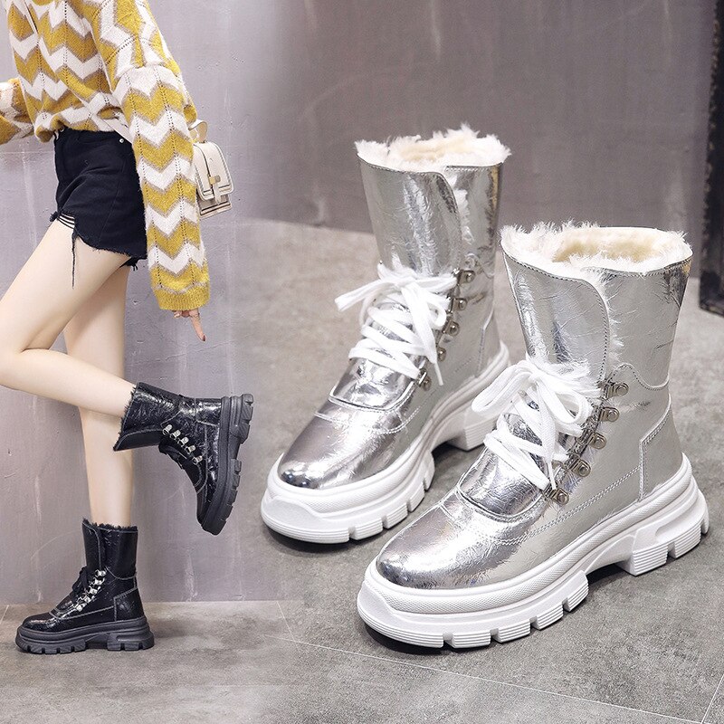Shiny Winter Boots Women Snow Boots Female White Ladies Shoes Plush Waterproof Shoes Woman Keep Warm Shoes I5-51