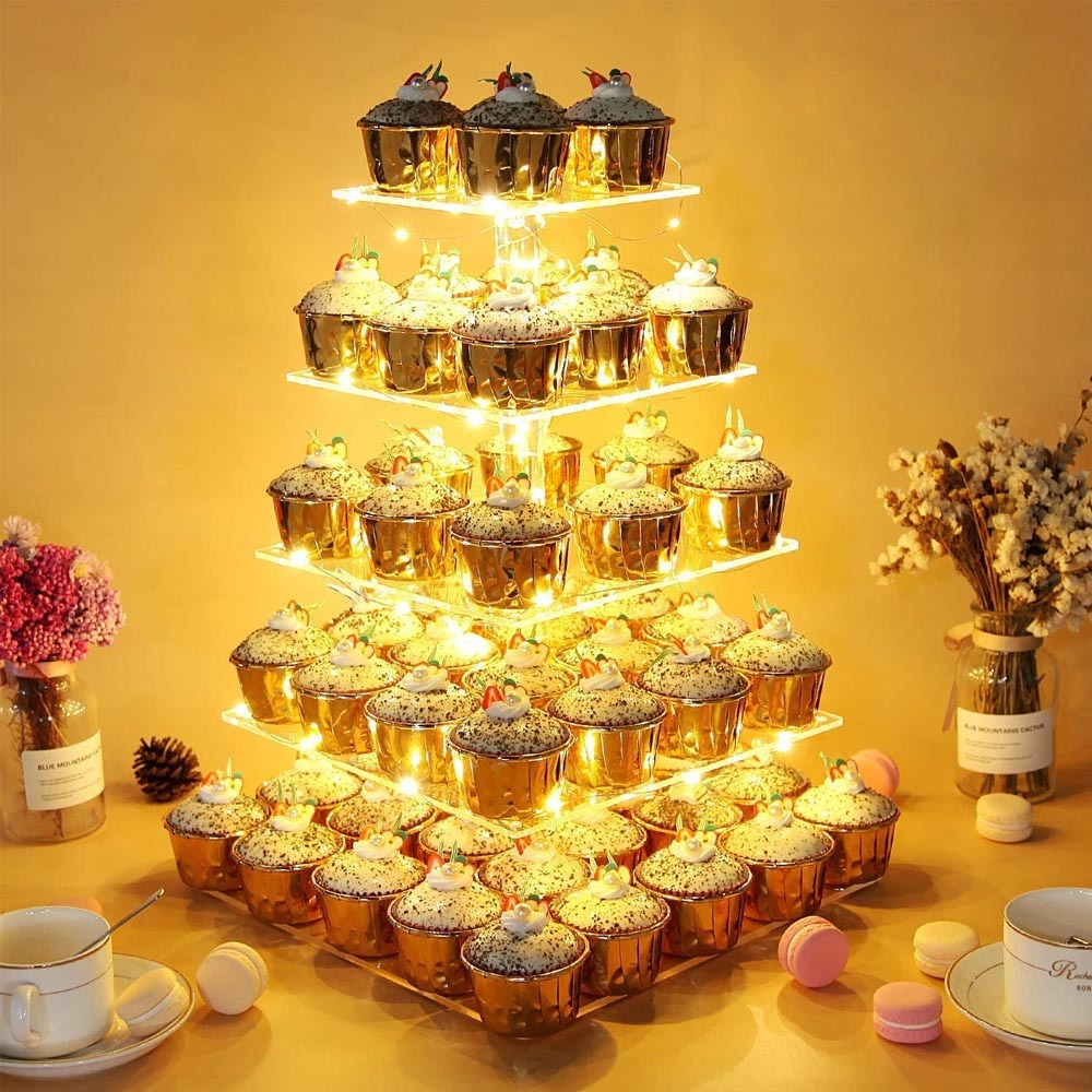 3/4/5 Tier Acrylic Wedding Cake Stand Crystal Cup Cake Display Shelf Cupcake Holder Plate Birthday Party Decoration Stands: 5 Tier  Square