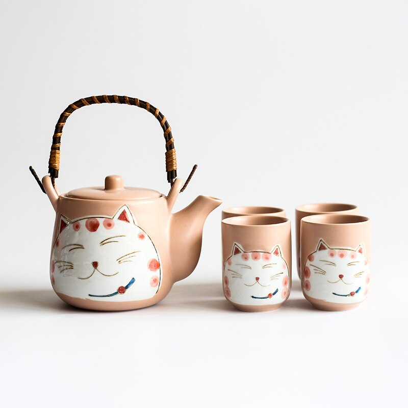 Japanska handmålade plutus katt keramiska te ställer en kruka med fyra lådor med rosa svart två stycken: Rosa