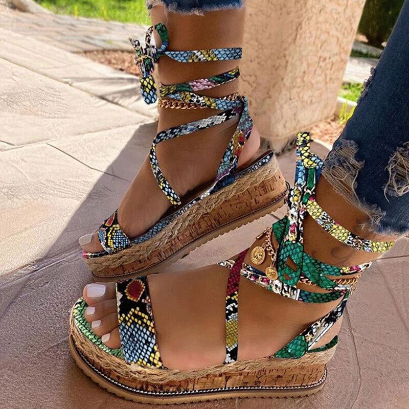 Été femmes serpent sandales plate-forme talons croix sangle cheville dentelle Peep orteil plage fête dames chaussures Zapatos De Mujer: green / 38