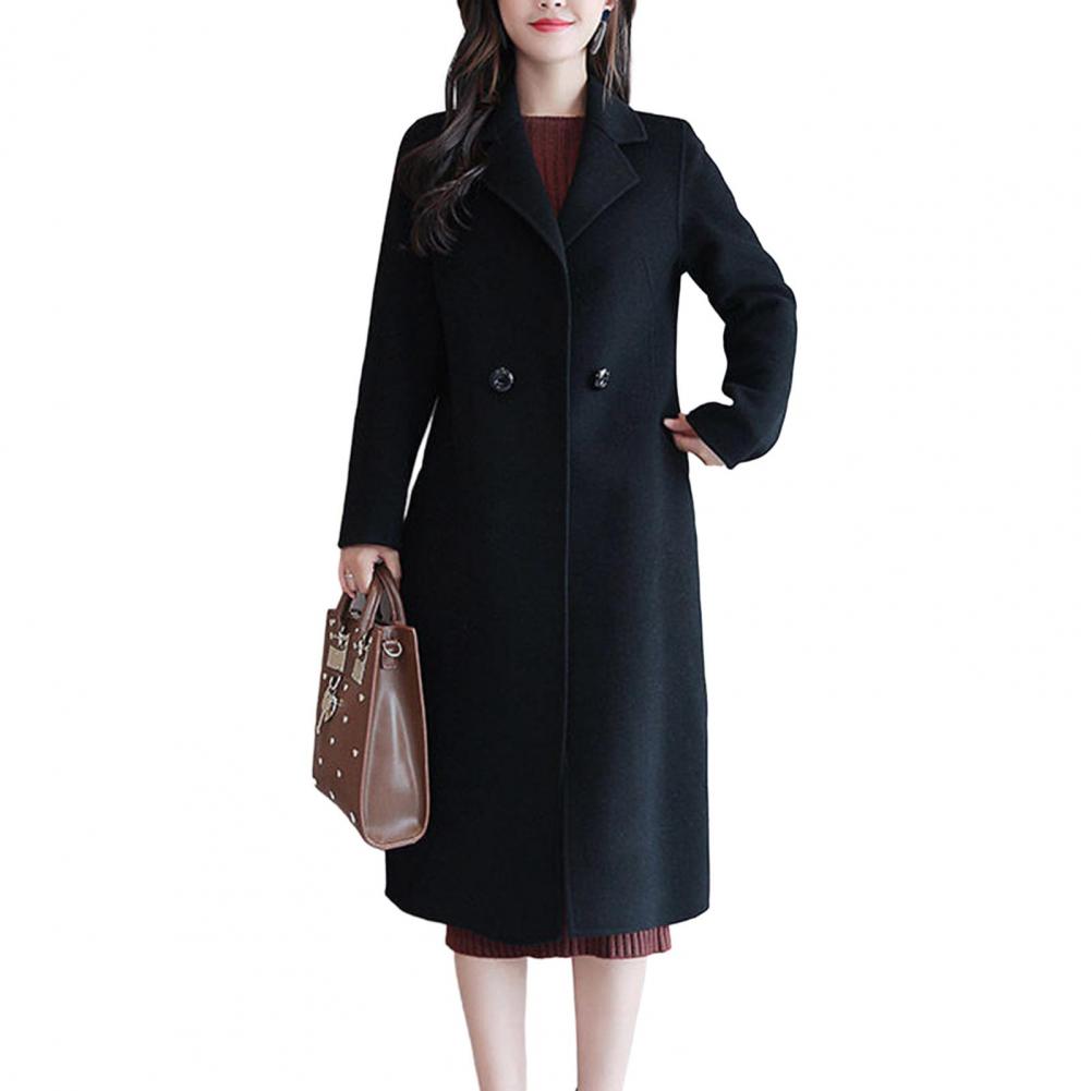 Casaco de lã monocromático feminino, Manga comprida, Dois botões, Bolsos, Lapela, Elegante, Casacos, Moda, Outono, Inverno: Outros / Preto