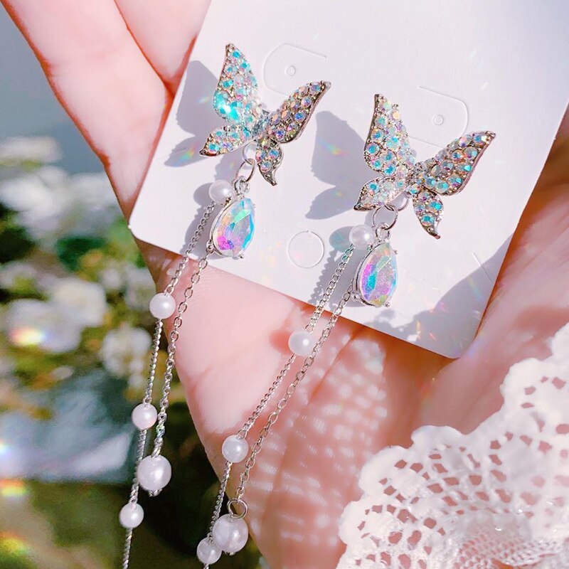 Boucles d'oreilles papillon en cristal violet pour femmes, Imitation perle, chaîne avec pampilles en strass, bijoux , nouvelle coréenne: ER20Y0205-2