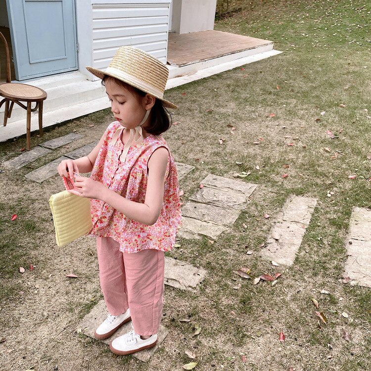 Klassisk blomstret cool og sød ærmeløs pigeskjorte vest blonde top pigebluser: Lyserød / 6t