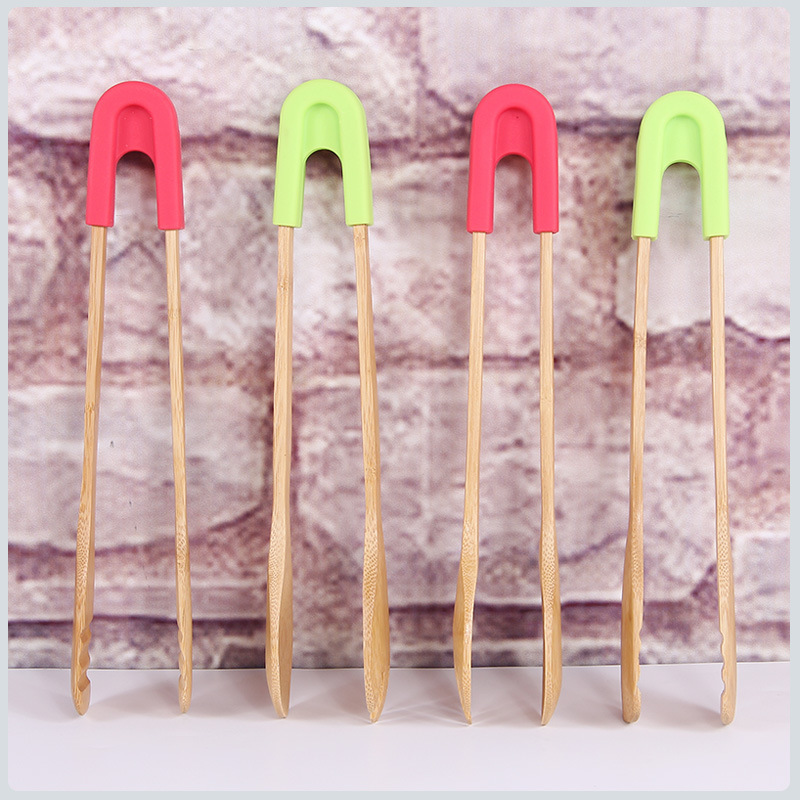 Pinzas para comida de bambú tostar, pastel de madera, ensalada bolsa con Clip para aperitivos, mango de silicona, pinzas para pan y barbacoa, utensilios de cocina, pinchos