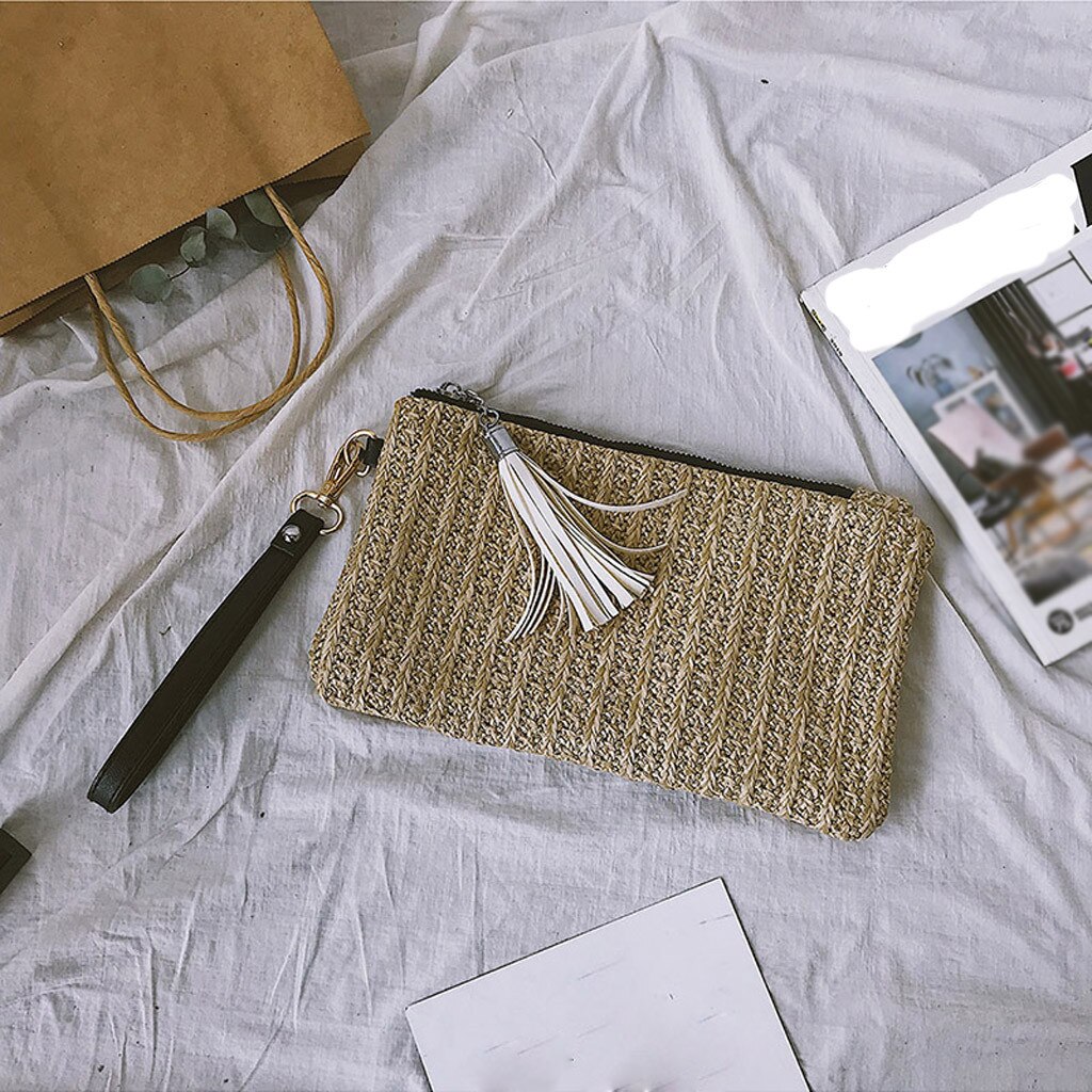 Lady Handbags Trend Woven Tassel Portable Zipper Clutch Bag Mobile Phone Bag Straw Bags Ladies Hand Bags Monedero #YJ