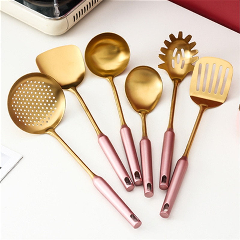 7Pcs Roze Goud Keuken Huishouden 304 Roestvrij Staal Keukengerei Set Koken Lepel Schop Keukengerei