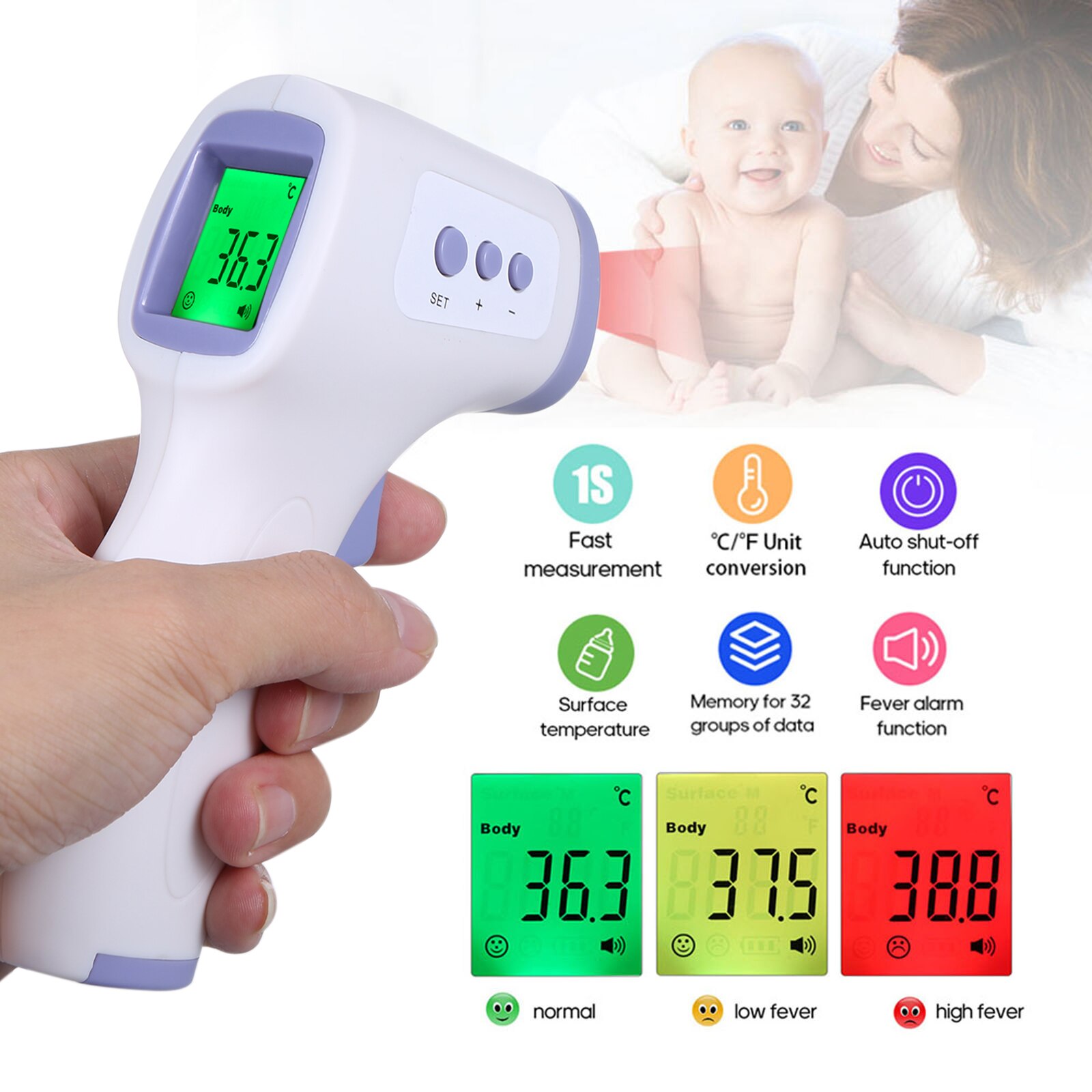 Non-contact Thermometers Forehead Temperature Measurement LCD Three Colors Backlight Digital Infrared Thermometer: Default Title
