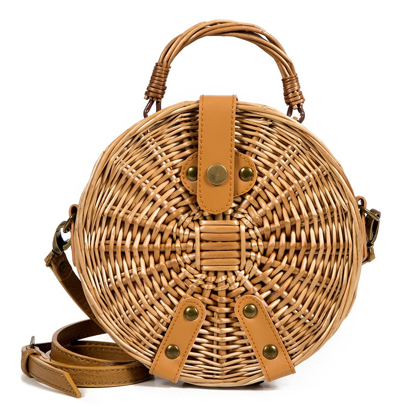 Vietnam Hand Geweven Zak Ronde Rotan Stro Handtas Stijl Strand Ronde Tas Populaire Wicket Vrouwelijke Tote bolsas feminina: Brown Round