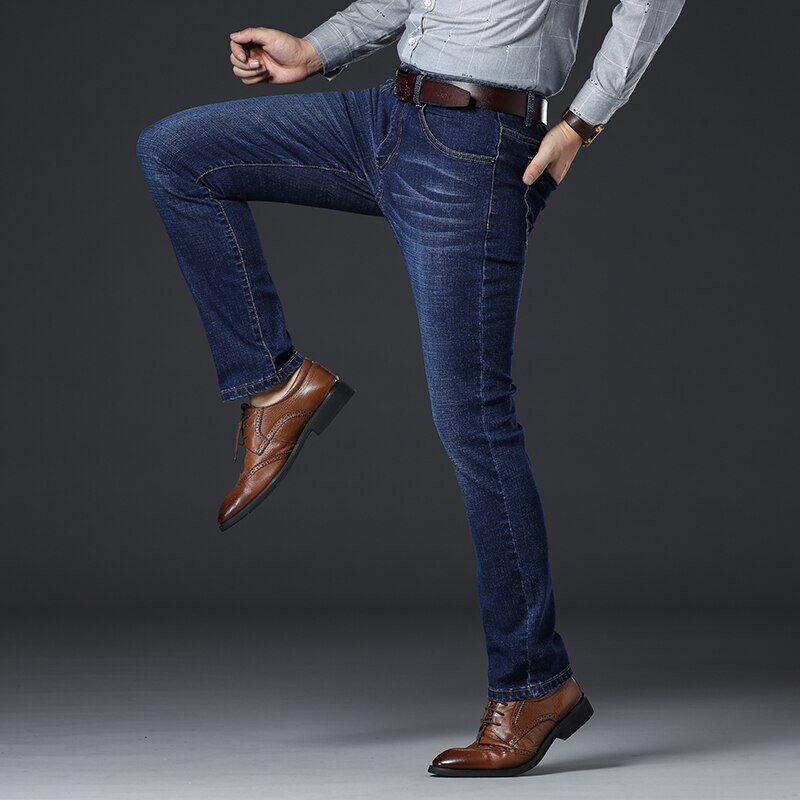 Høst vinter blå jeans for menn klassisk stil business casual elastisk slim fit bomullsbukser merke herrebukser