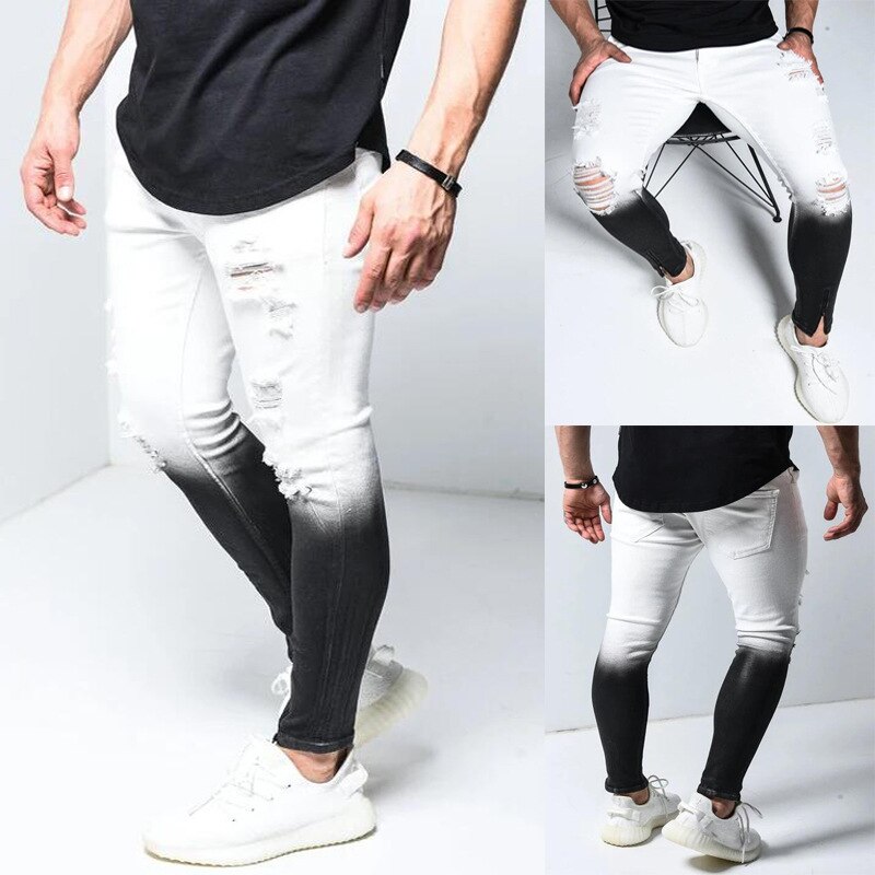 Gradient sort hvid herre jeans skinny flået denim blyantbukser pantalones mand slank streetwear hip hop jean plus størrelse: S