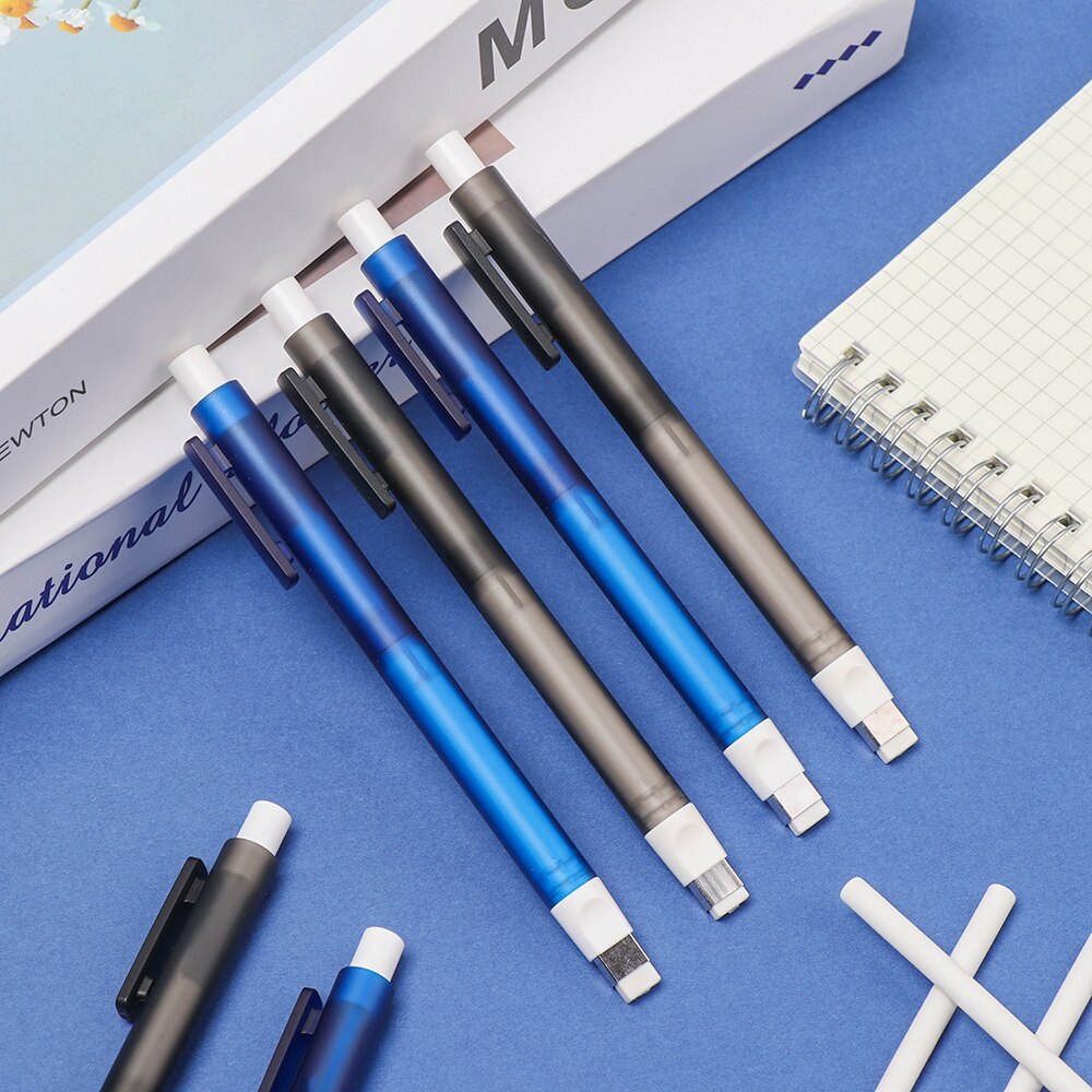 Goma de borrar para dibujo, juego de gomas de borrar con forma de lápiz blanca y azul de goma, reposición automática, gomas telescópicas, papelería, de aprendizaje