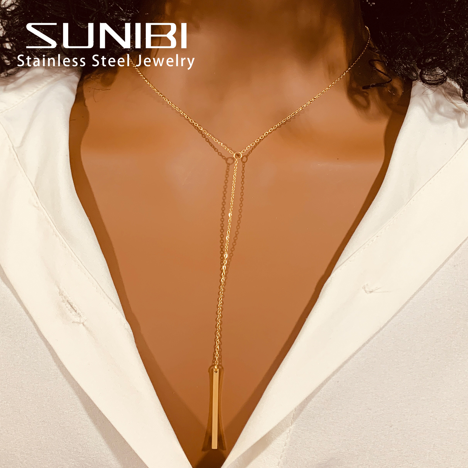 SUNIBI-collares con colgante de barra Vertical para mujer, cadena Lariat larga Simple de acero inoxidable, collar colgante minimalista, de joyería