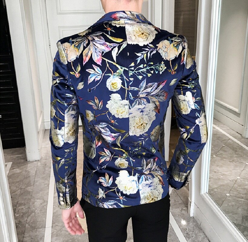 Mænds skinnende blomster trendy slankt jakkesæt blazer herre turn-down langærmet print blomstret natklub perform jakkesæt