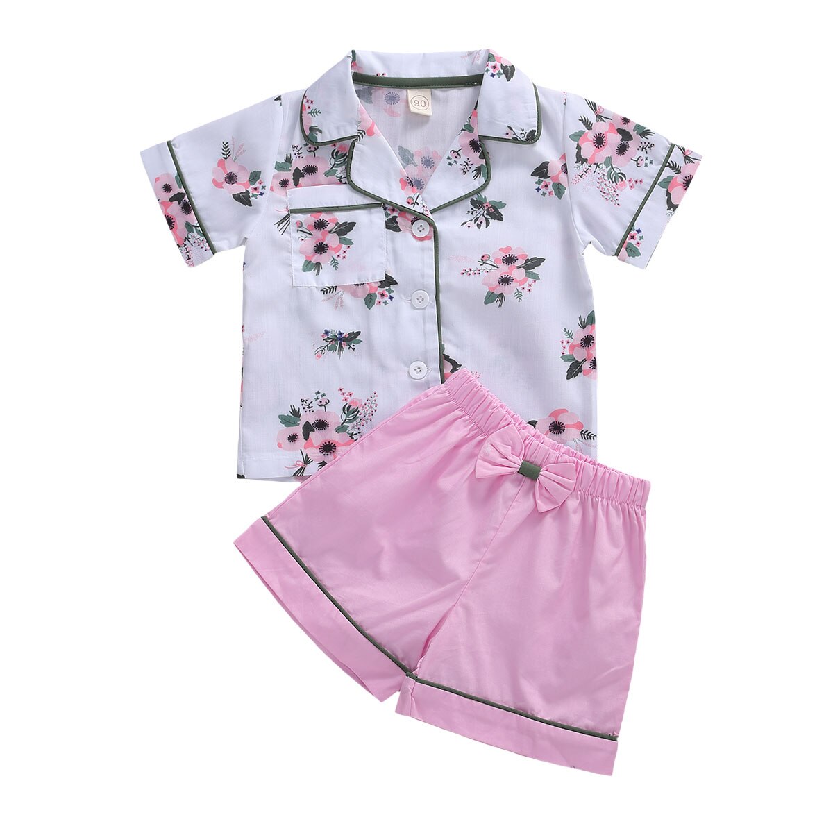 1-6T Zomer Kleine Baby Meisjes Pyjama Set Bloemen Patroon Korte Mouwen Button-Down Kraag Top + elastische Band Broek 2 Stuks Sleepwears: B / 18M