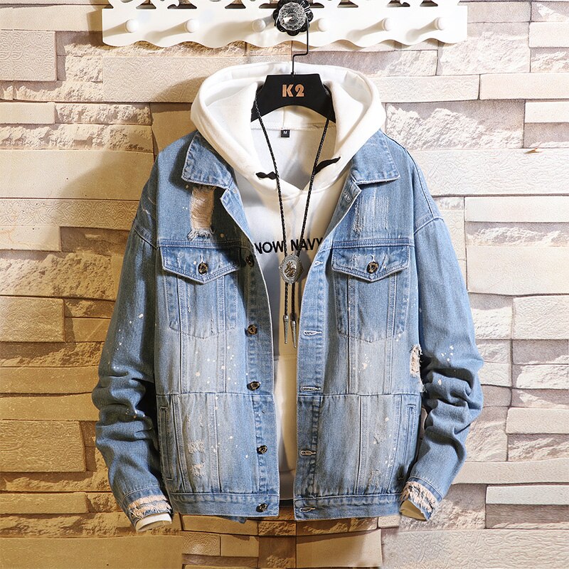 Men's clothing man coats Jeans Casual loose Ripped Holes Vintage Bomber Denim Jacket