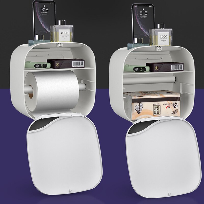 1 Set Wall Mounted Toilet Paper Holder Bathroom Waterproof Tissue Box With Drawer Plastic Paper Tray Roll Paper Tube Storage Box